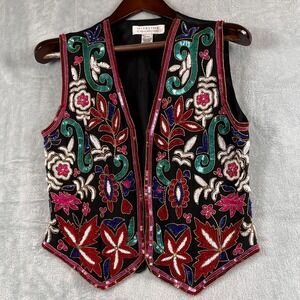 Vintage Niteline Della Roufogali Womens M Silk Beaded Vest Black Multicolor 90s